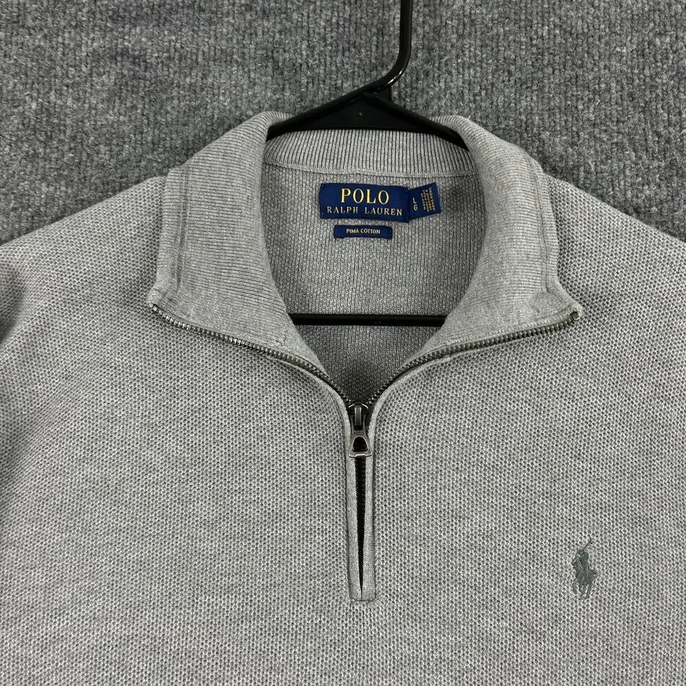Polo Ralph Lauren Sweater Mens Large Gray 1/4 Zip Mock Neck Pima Cotton Preppy